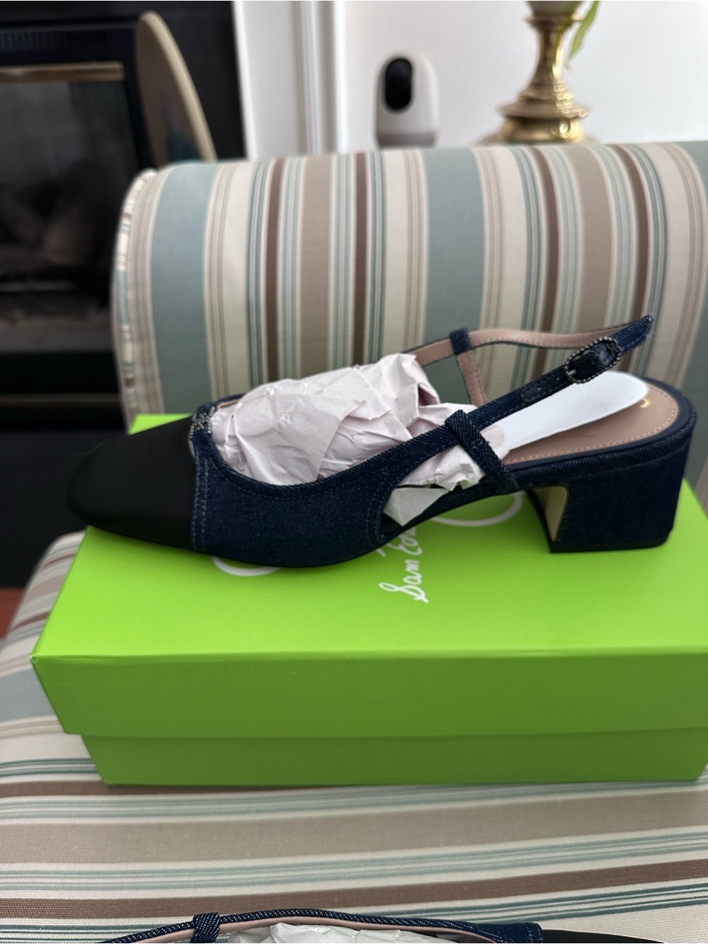 Sam Edelman Denim Navy and Black Tarra Slingback Low Block Heel - Picture 3 of 7